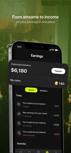 Music Coast app screen showing an artist earnings dashboard.